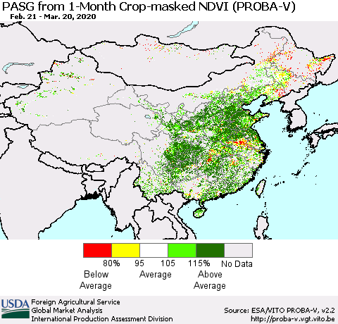 China, Mongolia and Taiwan PASG from 1-Month Crop-masked NDVI (PROBA-V) Thematic Map For 3/11/2020 - 3/20/2020