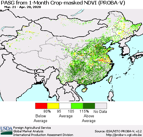 China, Mongolia and Taiwan PASG from 1-Month Crop-masked NDVI (PROBA-V) Thematic Map For 4/11/2020 - 4/20/2020