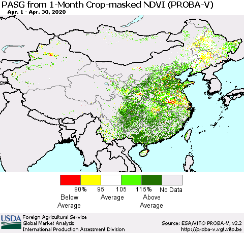 China, Mongolia and Taiwan PASG from 1-Month Crop-masked NDVI (PROBA-V) Thematic Map For 4/21/2020 - 4/30/2020