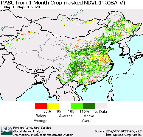 China, Mongolia and Taiwan PASG from 1-Month Crop-masked NDVI (PROBA-V) Thematic Map For 5/21/2020 - 5/31/2020