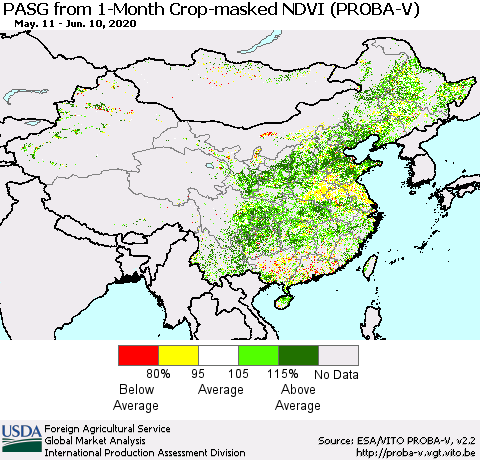 China, Mongolia and Taiwan PASG from 1-Month Crop-masked NDVI (PROBA-V) Thematic Map For 6/1/2020 - 6/10/2020