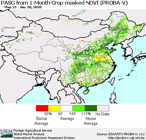 China, Mongolia and Taiwan PASG from 1-Month Crop-masked NDVI (PROBA-V) Thematic Map For 6/11/2020 - 6/20/2020