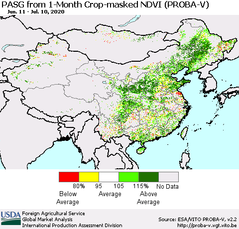 China, Mongolia and Taiwan PASG from 1-Month Crop-masked NDVI (PROBA-V) Thematic Map For 7/1/2020 - 7/10/2020