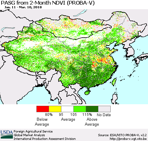 China, Mongolia and Taiwan PASG from 2-Month NDVI (PROBA-V) Thematic Map For 3/1/2018 - 3/10/2018