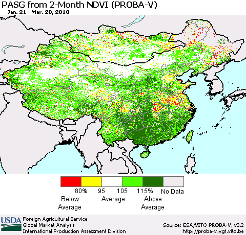 China, Mongolia and Taiwan PASG from 2-Month NDVI (PROBA-V) Thematic Map For 3/11/2018 - 3/20/2018