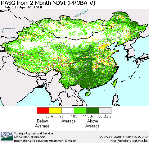 China, Mongolia and Taiwan PASG from 2-Month NDVI (PROBA-V) Thematic Map For 4/1/2018 - 4/10/2018