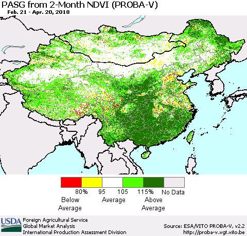 China, Mongolia and Taiwan PASG from 2-Month NDVI (PROBA-V) Thematic Map For 4/11/2018 - 4/20/2018