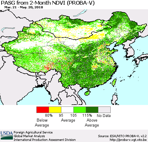 China, Mongolia and Taiwan PASG from 2-Month NDVI (PROBA-V) Thematic Map For 5/11/2018 - 5/20/2018