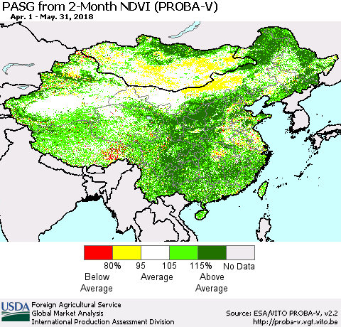 China, Mongolia and Taiwan PASG from 2-Month NDVI (PROBA-V) Thematic Map For 5/21/2018 - 5/31/2018