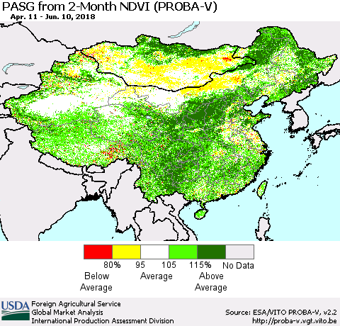 China, Mongolia and Taiwan PASG from 2-Month NDVI (PROBA-V) Thematic Map For 6/1/2018 - 6/10/2018