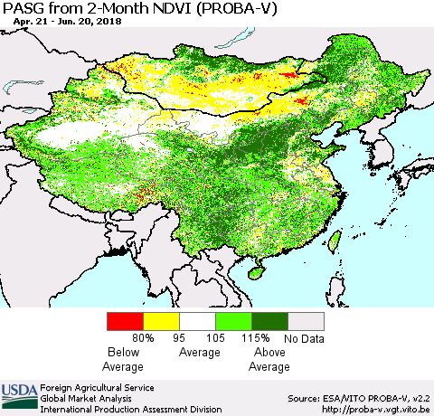 China, Mongolia and Taiwan PASG from 2-Month NDVI (PROBA-V) Thematic Map For 6/11/2018 - 6/20/2018