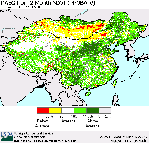 China, Mongolia and Taiwan PASG from 2-Month NDVI (PROBA-V) Thematic Map For 6/21/2018 - 6/30/2018