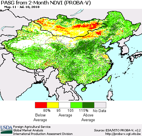 China, Mongolia and Taiwan PASG from 2-Month NDVI (PROBA-V) Thematic Map For 7/1/2018 - 7/10/2018