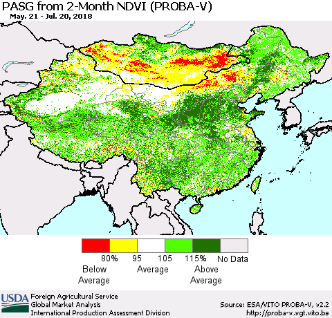 China, Mongolia and Taiwan PASG from 2-Month NDVI (PROBA-V) Thematic Map For 7/11/2018 - 7/20/2018