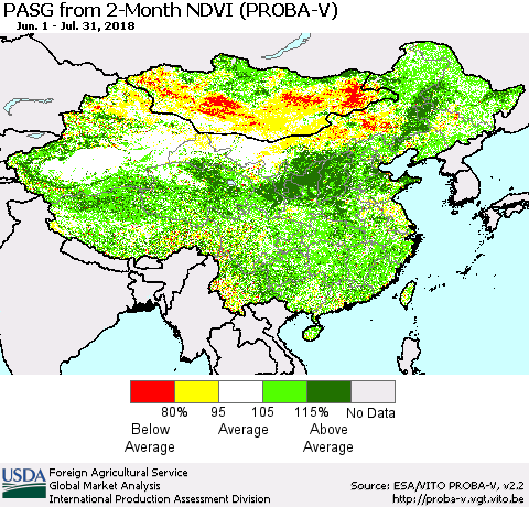 China, Mongolia and Taiwan PASG from 2-Month NDVI (PROBA-V) Thematic Map For 7/21/2018 - 7/31/2018