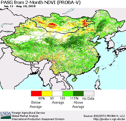 China, Mongolia and Taiwan PASG from 2-Month NDVI (PROBA-V) Thematic Map For 8/1/2018 - 8/10/2018