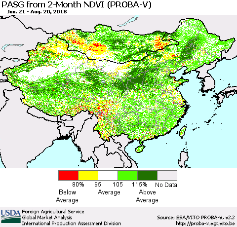 China, Mongolia and Taiwan PASG from 2-Month NDVI (PROBA-V) Thematic Map For 8/11/2018 - 8/20/2018