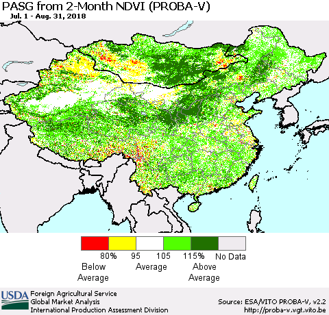 China, Mongolia and Taiwan PASG from 2-Month NDVI (PROBA-V) Thematic Map For 8/21/2018 - 8/31/2018