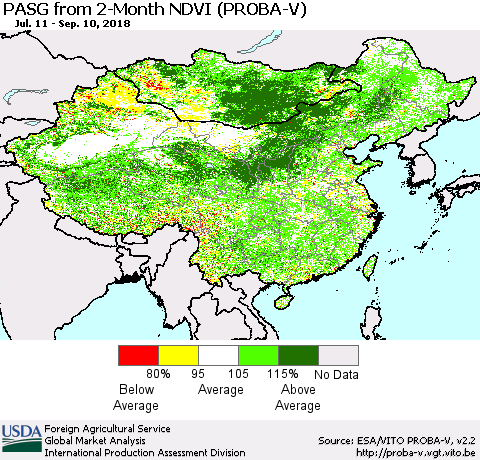 China and Taiwan PASG from 2-Month NDVI (PROBA-V) Thematic Map For 9/1/2018 - 9/10/2018