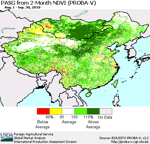 China and Taiwan PASG from 2-Month NDVI (PROBA-V) Thematic Map For 9/21/2018 - 9/30/2018