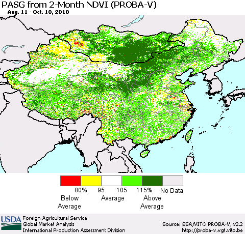 China and Taiwan PASG from 2-Month NDVI (PROBA-V) Thematic Map For 10/1/2018 - 10/10/2018