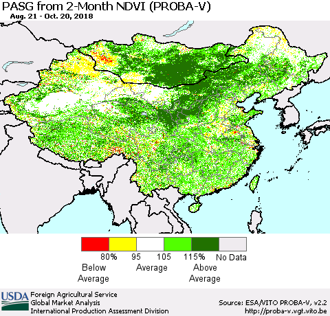 China and Taiwan PASG from 2-Month NDVI (PROBA-V) Thematic Map For 10/11/2018 - 10/20/2018
