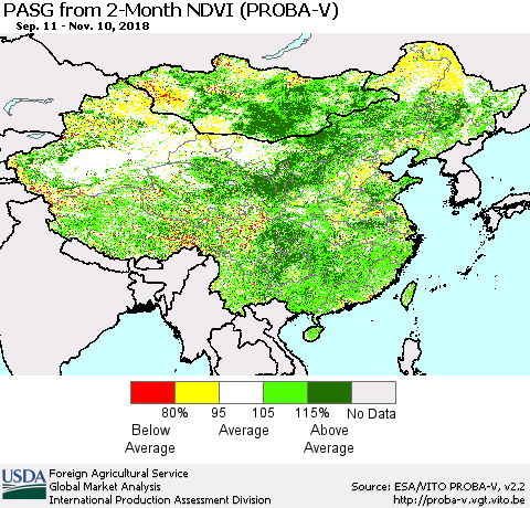 China and Taiwan PASG from 2-Month NDVI (PROBA-V) Thematic Map For 11/1/2018 - 11/10/2018