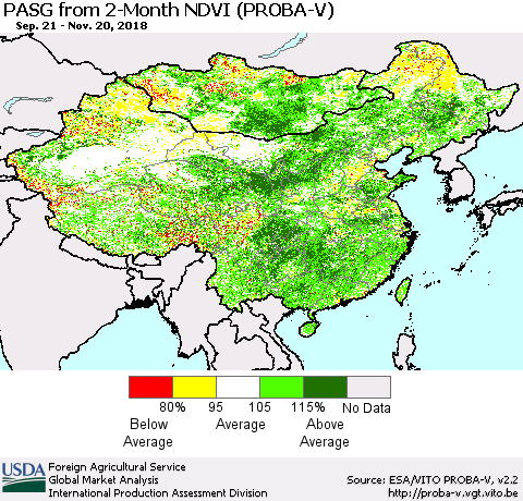 China and Taiwan PASG from 2-Month NDVI (PROBA-V) Thematic Map For 11/11/2018 - 11/20/2018