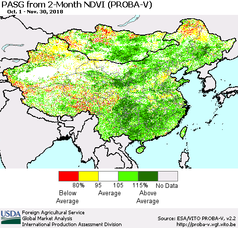 China, Mongolia and Taiwan PASG from 2-Month NDVI (PROBA-V) Thematic Map For 11/21/2018 - 11/30/2018