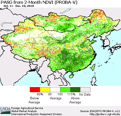 China and Taiwan PASG from 2-Month NDVI (PROBA-V) Thematic Map For 12/1/2018 - 12/10/2018