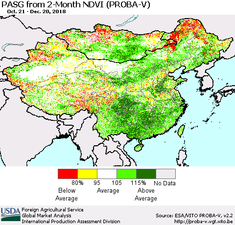 China and Taiwan PASG from 2-Month NDVI (PROBA-V) Thematic Map For 12/11/2018 - 12/20/2018