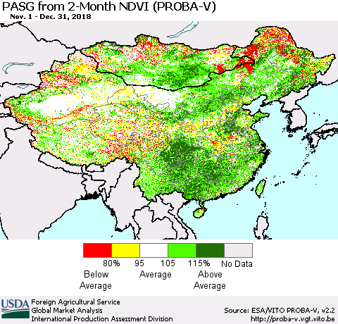 China and Taiwan PASG from 2-Month NDVI (PROBA-V) Thematic Map For 12/21/2018 - 12/31/2018