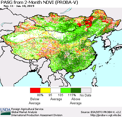 China and Taiwan PASG from 2-Month NDVI (PROBA-V) Thematic Map For 1/1/2019 - 1/10/2019