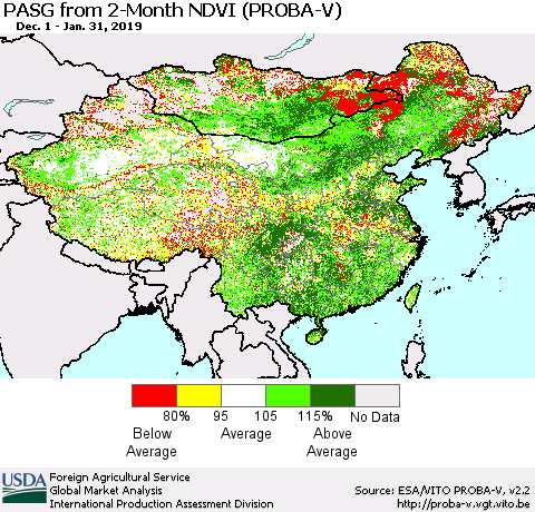 China and Taiwan PASG from 2-Month NDVI (PROBA-V) Thematic Map For 1/21/2019 - 1/31/2019