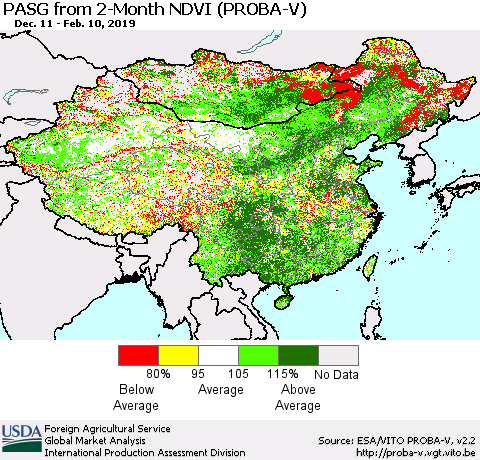 China, Mongolia and Taiwan PASG from 2-Month NDVI (PROBA-V) Thematic Map For 2/1/2019 - 2/10/2019