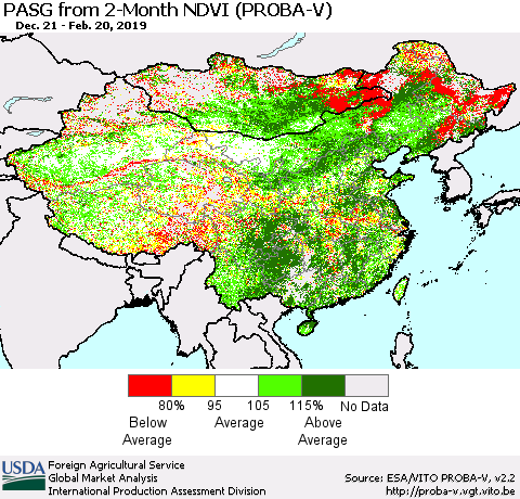 China and Taiwan PASG from 2-Month NDVI (PROBA-V) Thematic Map For 2/11/2019 - 2/20/2019
