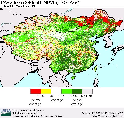China and Taiwan PASG from 2-Month NDVI (PROBA-V) Thematic Map For 3/1/2019 - 3/10/2019