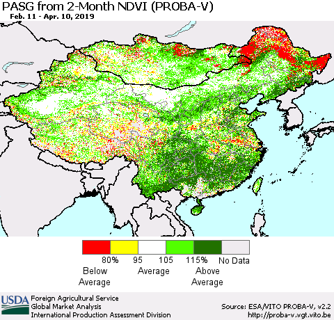 China and Taiwan PASG from 2-Month NDVI (PROBA-V) Thematic Map For 4/1/2019 - 4/10/2019
