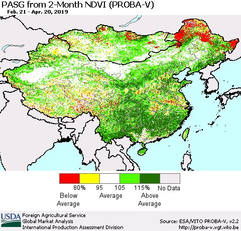 China and Taiwan PASG from 2-Month NDVI (PROBA-V) Thematic Map For 4/11/2019 - 4/20/2019