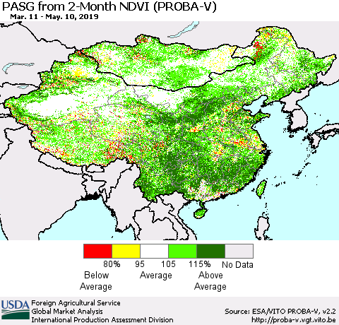 China and Taiwan PASG from 2-Month NDVI (PROBA-V) Thematic Map For 5/1/2019 - 5/10/2019