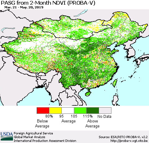China and Taiwan PASG from 2-Month NDVI (PROBA-V) Thematic Map For 5/11/2019 - 5/20/2019