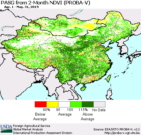China, Mongolia and Taiwan PASG from 2-Month NDVI (PROBA-V) Thematic Map For 5/21/2019 - 5/31/2019