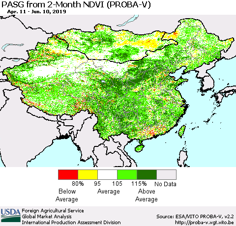 China and Taiwan PASG from 2-Month NDVI (PROBA-V) Thematic Map For 6/1/2019 - 6/10/2019