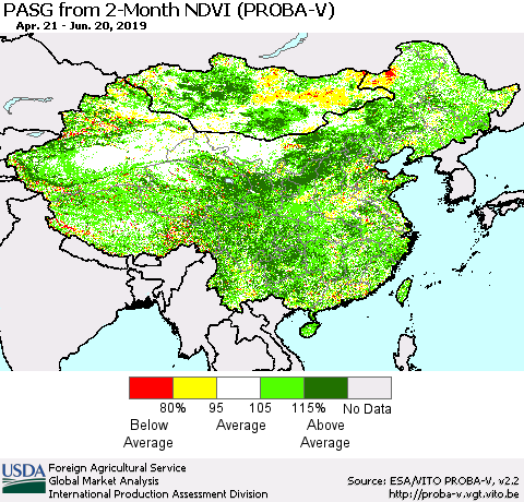China and Taiwan PASG from 2-Month NDVI (PROBA-V) Thematic Map For 6/11/2019 - 6/20/2019