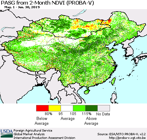 China and Taiwan PASG from 2-Month NDVI (PROBA-V) Thematic Map For 6/21/2019 - 6/30/2019