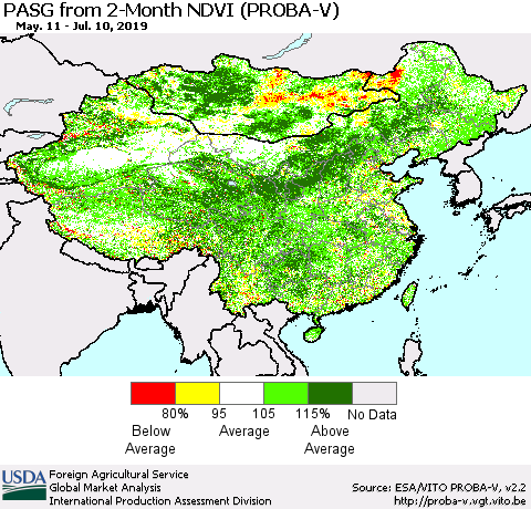 China, Mongolia and Taiwan PASG from 2-Month NDVI (PROBA-V) Thematic Map For 7/1/2019 - 7/10/2019
