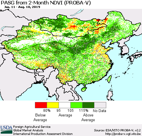 China and Taiwan PASG from 2-Month NDVI (PROBA-V) Thematic Map For 8/1/2019 - 8/10/2019