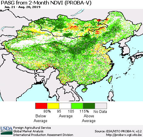 China and Taiwan PASG from 2-Month NDVI (PROBA-V) Thematic Map For 8/11/2019 - 8/20/2019