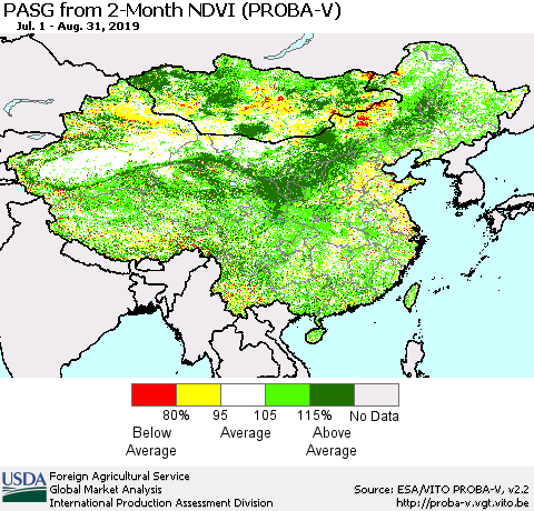 China and Taiwan PASG from 2-Month NDVI (PROBA-V) Thematic Map For 8/21/2019 - 8/31/2019