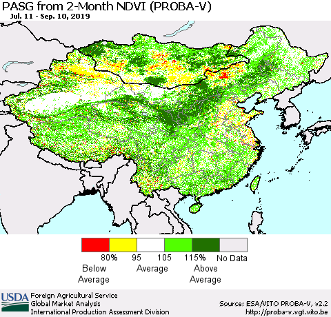 China and Taiwan PASG from 2-Month NDVI (PROBA-V) Thematic Map For 9/1/2019 - 9/10/2019